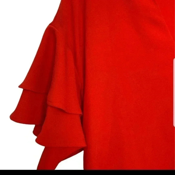 Zara Woman | Red V-Neck Ruffle Sleeve Mini Shift Dress - Picture 5 of 9